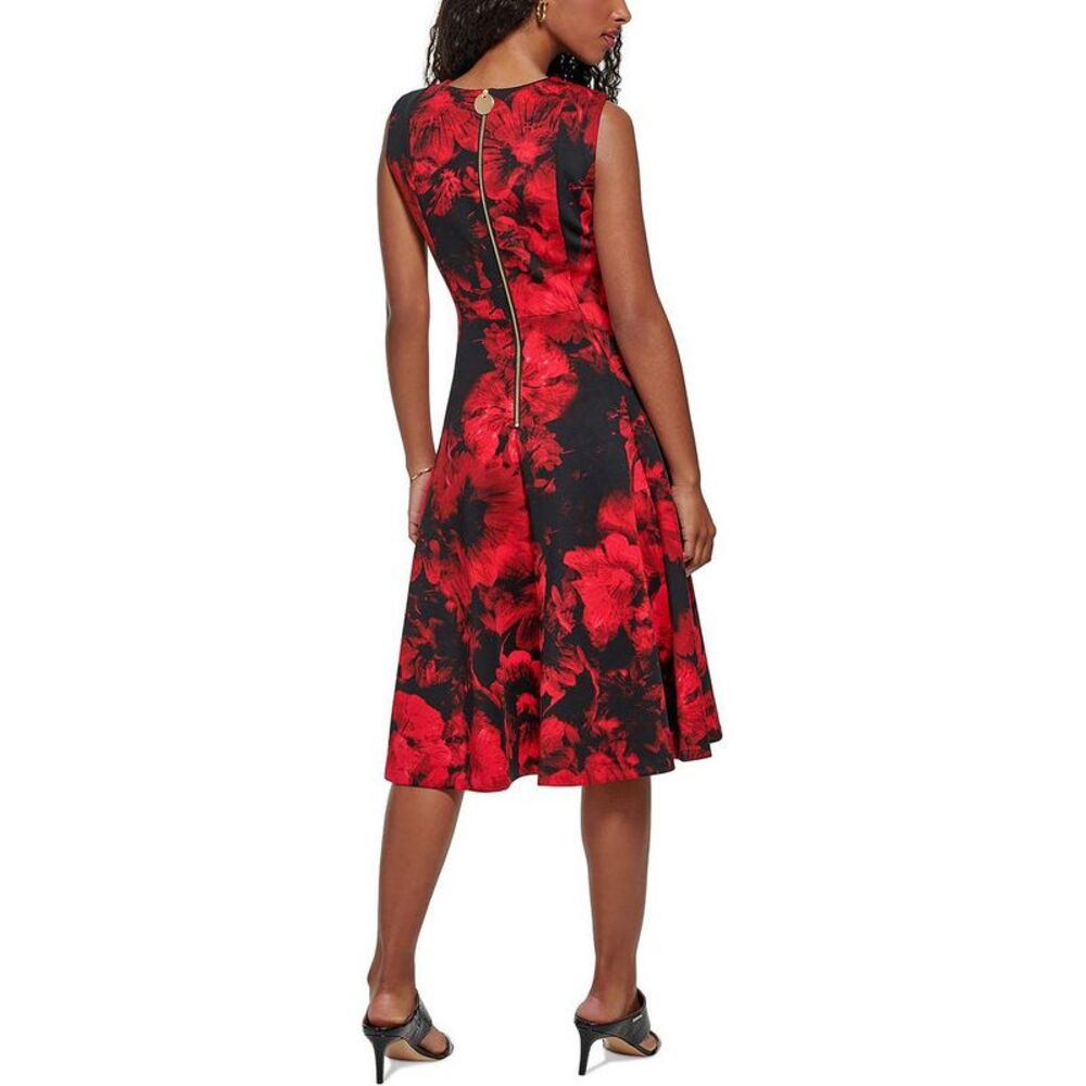 Calvin Klein Womens Red Floral Midi Special Occasion Fit & Flare Dress NWT - Picture 2 of 2